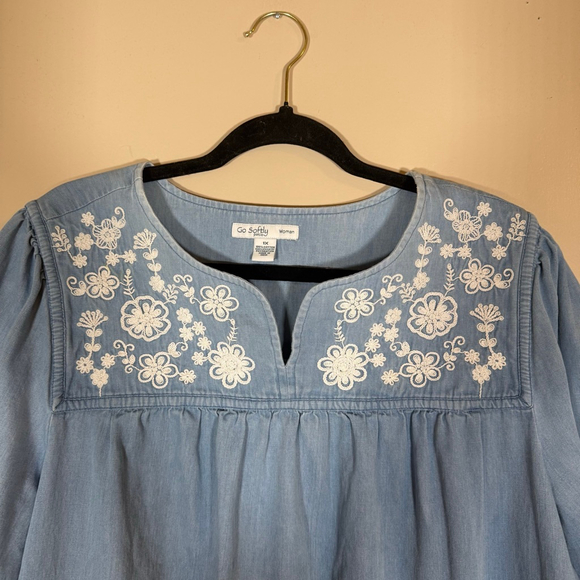 Go Softly Patio House Dress Duster MuMu 1X Floral Embroidered Chambray Denim - Picture 3 of 9